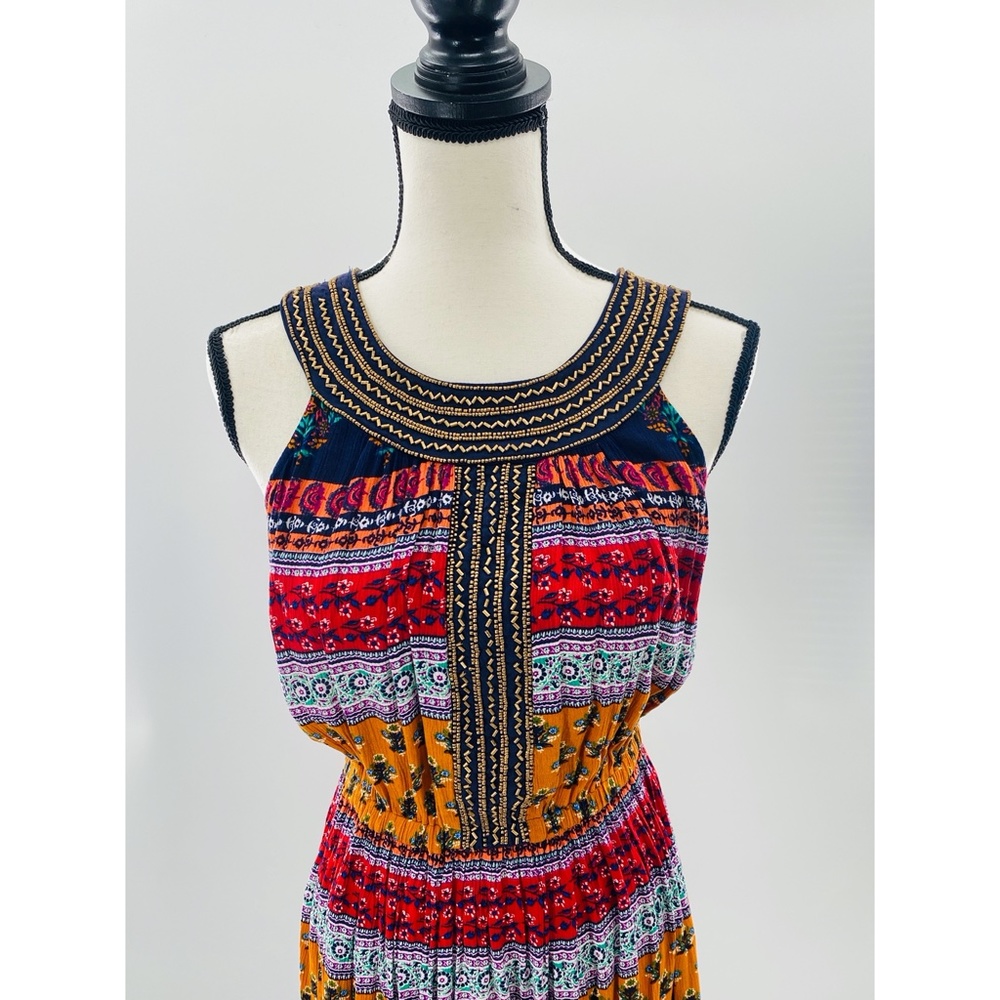 Patrons of Peace Sleeveless Elastic Waist Multicolor Beaded Neckline Maxi Dress - Picture 3 of 12
